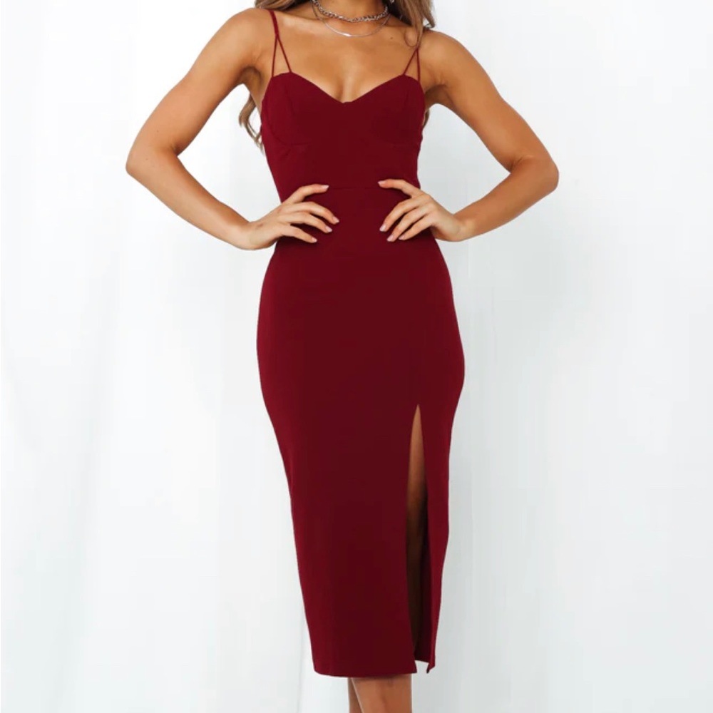 Flattering merlot, deep red midi dress